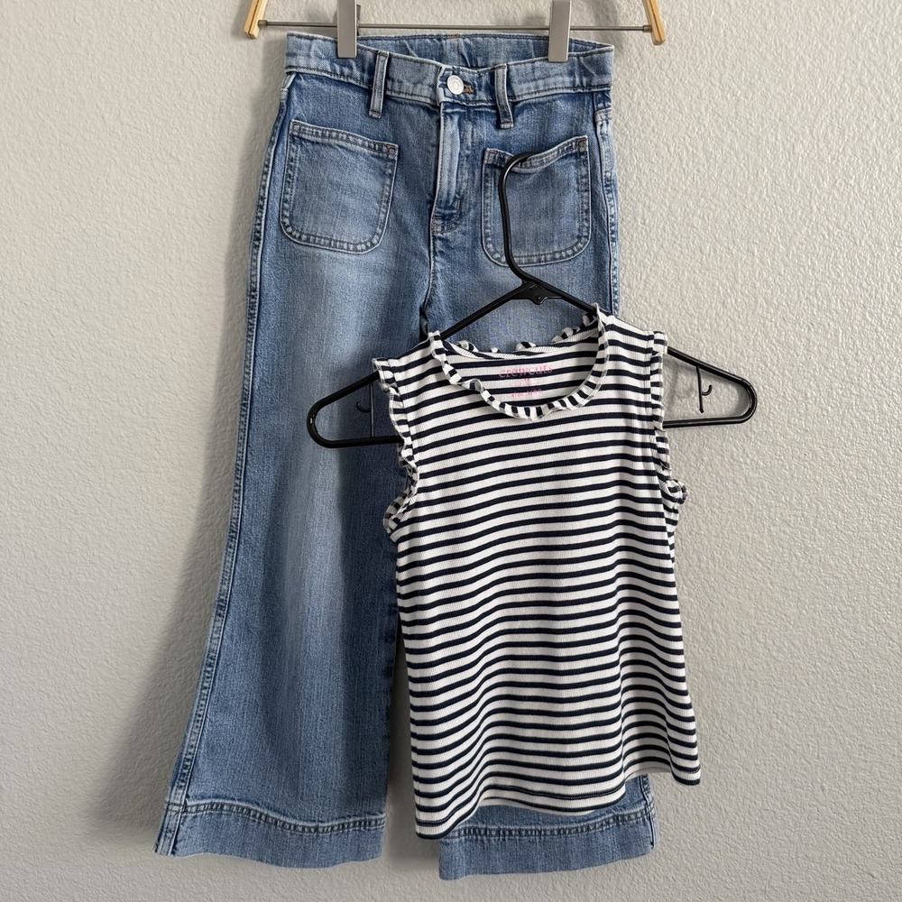 Crewcuts Girls Size 8 Denim Wide-leg Jeans Top Lot Bundle Striped Ruffle Top